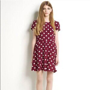 Topshop Burgundy Polka Dot Fit & Flare Dress Short Sleeve US 2